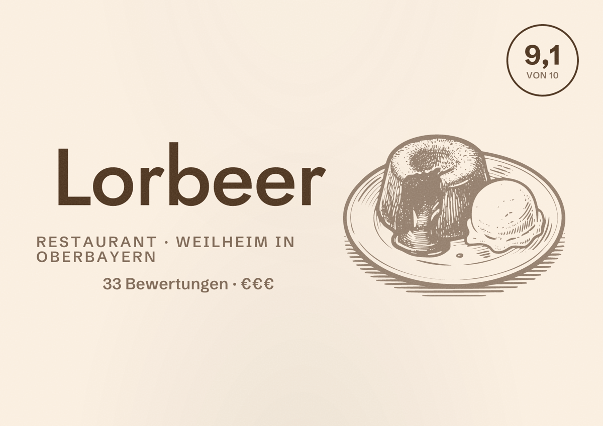Illustriertes Poster von Lorbeer, Restaurant in Weilheim in Oberbayern: Bewertung 9,1 von 10 aus 33 Bewertungen, Preisniveau €€€