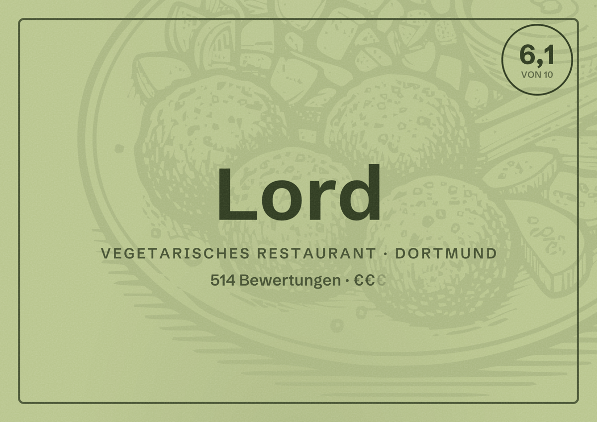 Illustriertes Poster von Lord, Vegetarisches Restaurant in Dortmund: Bewertung 6,1 von 10 aus 514 Bewertungen, Preisniveau €€