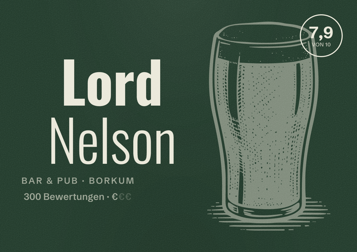 Illustriertes Poster von Lord Nelson, Bar & Pub in Borkum: Bewertung 7,9 von 10 aus 300 Bewertungen, Preisniveau €