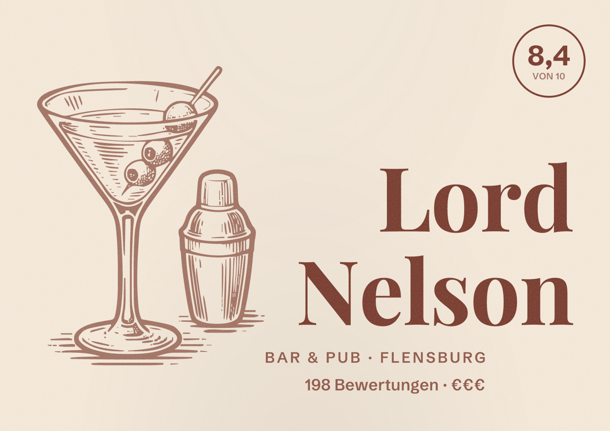 Illustriertes Poster von Lord Nelson, Bar & Pub in Flensburg: Bewertung 8,4 von 10 aus 198 Bewertungen, Preisniveau €€€