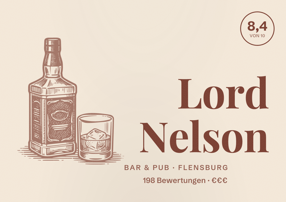 Illustriertes Poster von Lord Nelson, Bar & Pub in Flensburg: Bewertung 8,4 von 10 aus 198 Bewertungen, Preisniveau €€€
