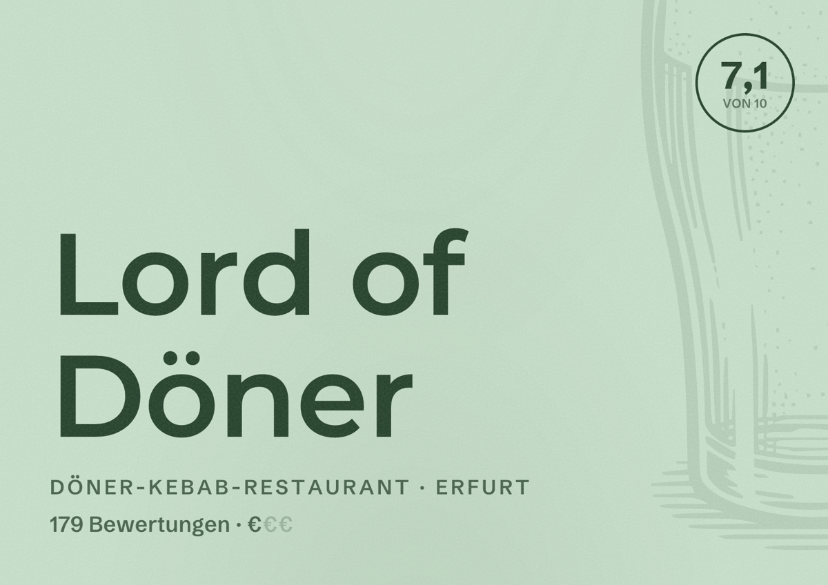 Illustriertes Poster von Lord of Döner, Döner-Kebab-Restaurant in Erfurt: Bewertung 7,1 von 10 aus 179 Bewertungen, Preisniveau €