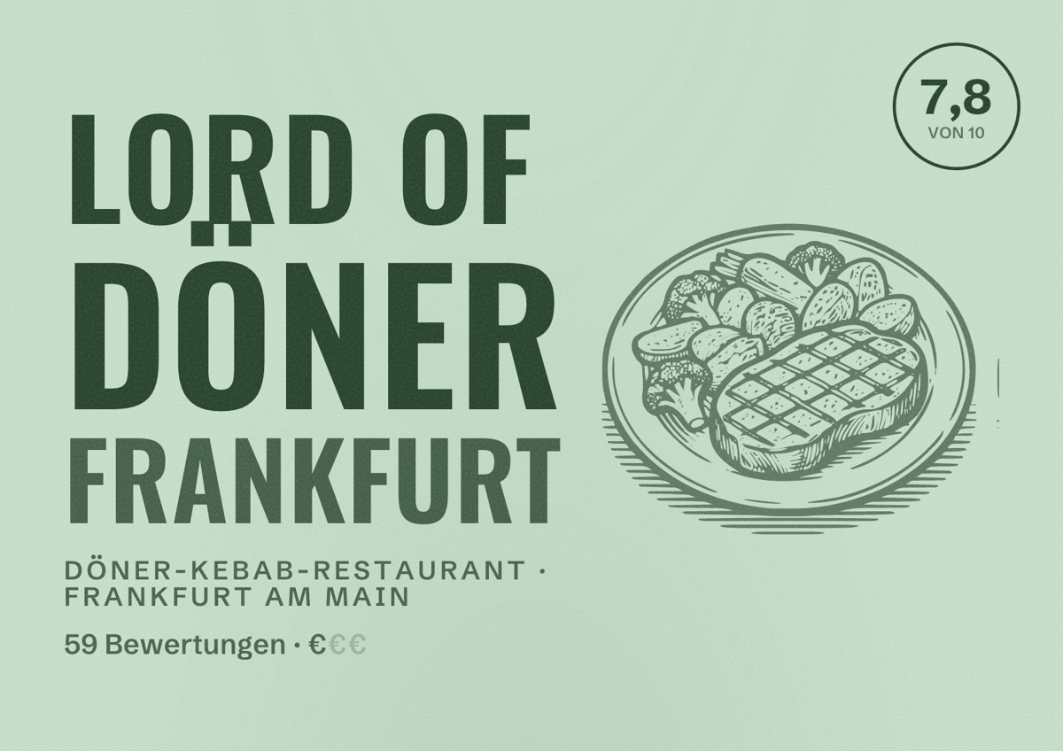 Illustriertes Poster von Lord of Döner Frankfurt, Döner-Kebab-Restaurant in Frankfurt am Main: Bewertung 7,8 von 10 aus 59 Bewertungen, Preisniveau €