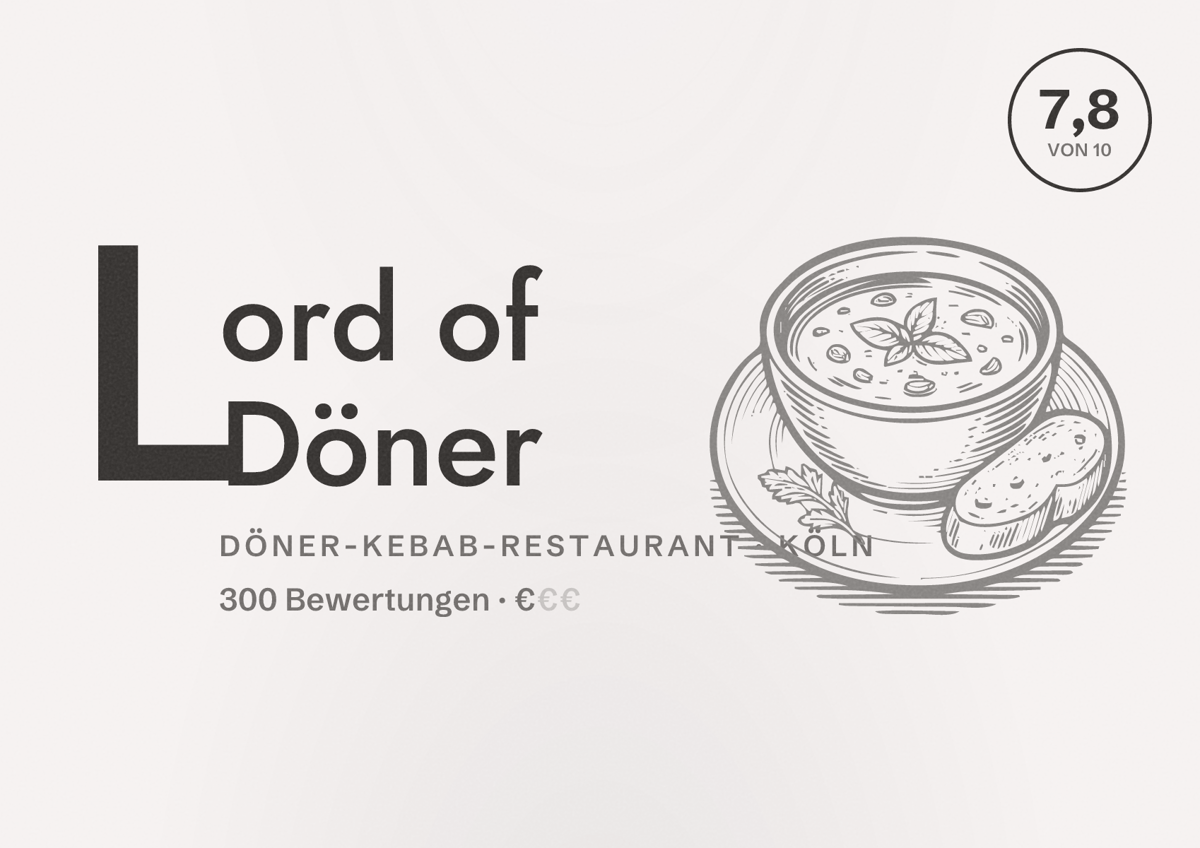 Illustriertes Poster von Lord of Döner, Döner-Kebab-Restaurant in Köln: Bewertung 7,8 von 10 aus 300 Bewertungen, Preisniveau €