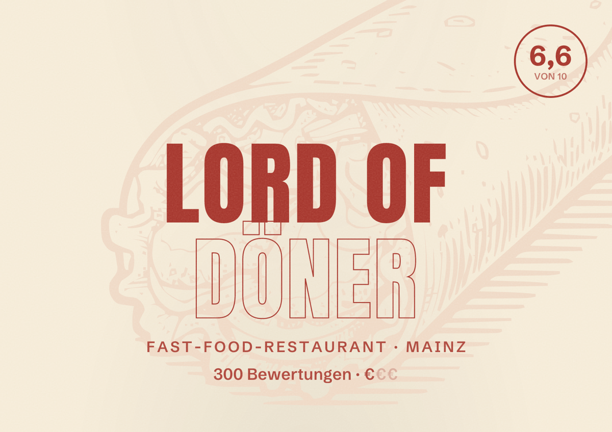 Illustriertes Poster von Lord of Döner, Fast-Food-Restaurant in Mainz: Bewertung 6,6 von 10 aus 300 Bewertungen, Preisniveau €