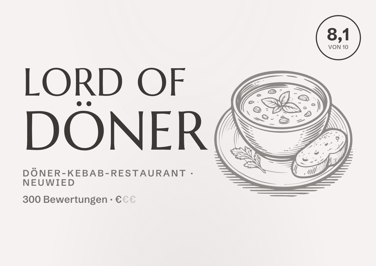 Illustriertes Poster von Lord of Döner, Döner-Kebab-Restaurant in Neuwied: Bewertung 8,1 von 10 aus 300 Bewertungen, Preisniveau €