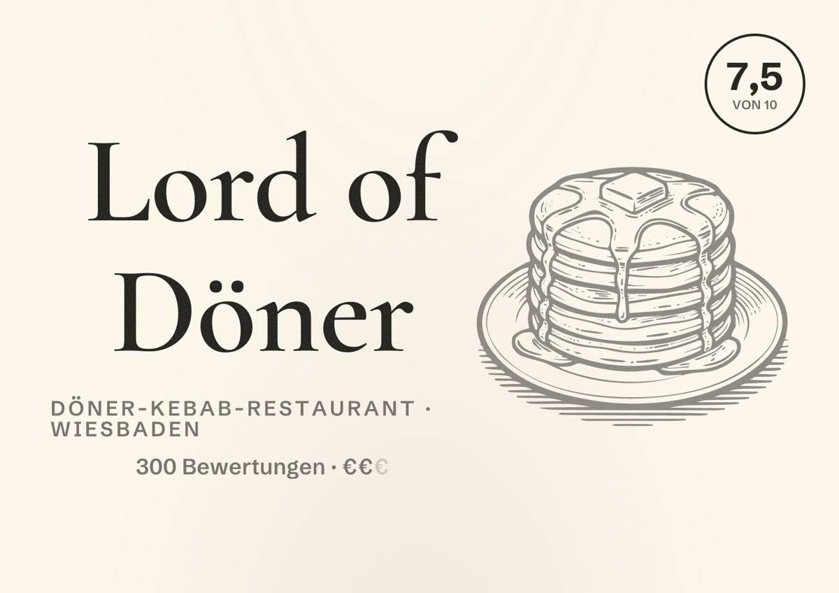 Illustriertes Poster von Lord of Döner, Döner-Kebab-Restaurant in Wiesbaden: Bewertung 7,5 von 10 aus 300 Bewertungen, Preisniveau €€