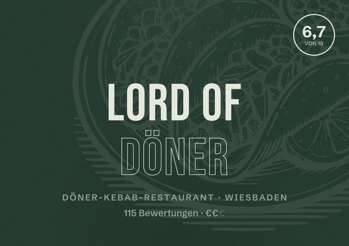 Illustriertes Poster von Lord of Döner, Döner-Kebab-Restaurant in Wiesbaden: Bewertung 6,7 von 10 aus 115 Bewertungen, Preisniveau €€