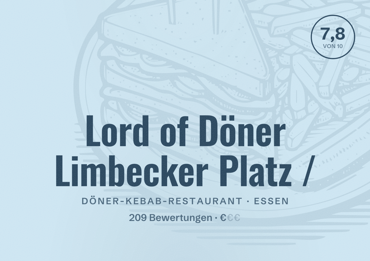 Illustriertes Poster von Lord of Döner Limbecker Platz /, Döner-Kebab-Restaurant in Essen: Bewertung 7,8 von 10 aus 209 Bewertungen, Preisniveau €