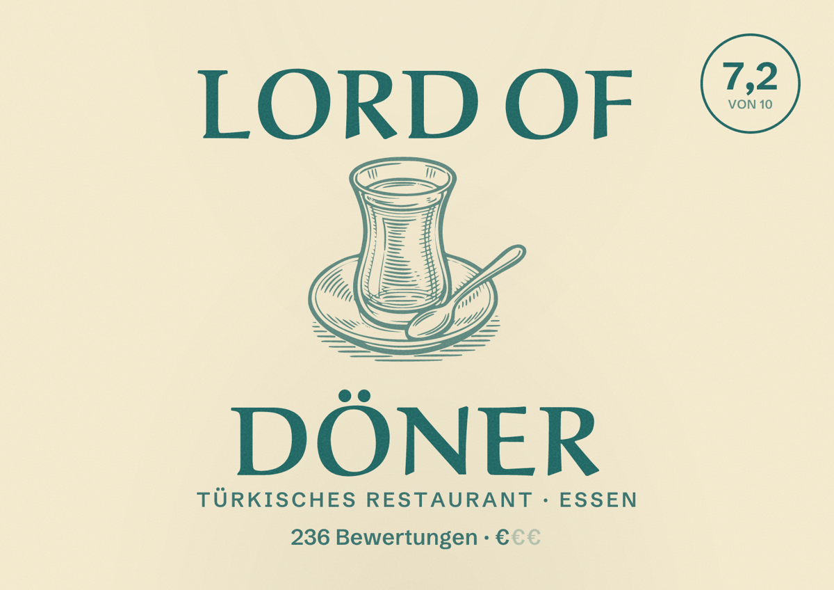 Illustriertes Poster von Lord of Döner, Türkisches Restaurant in Essen: Bewertung 7,2 von 10 aus 236 Bewertungen, Preisniveau €