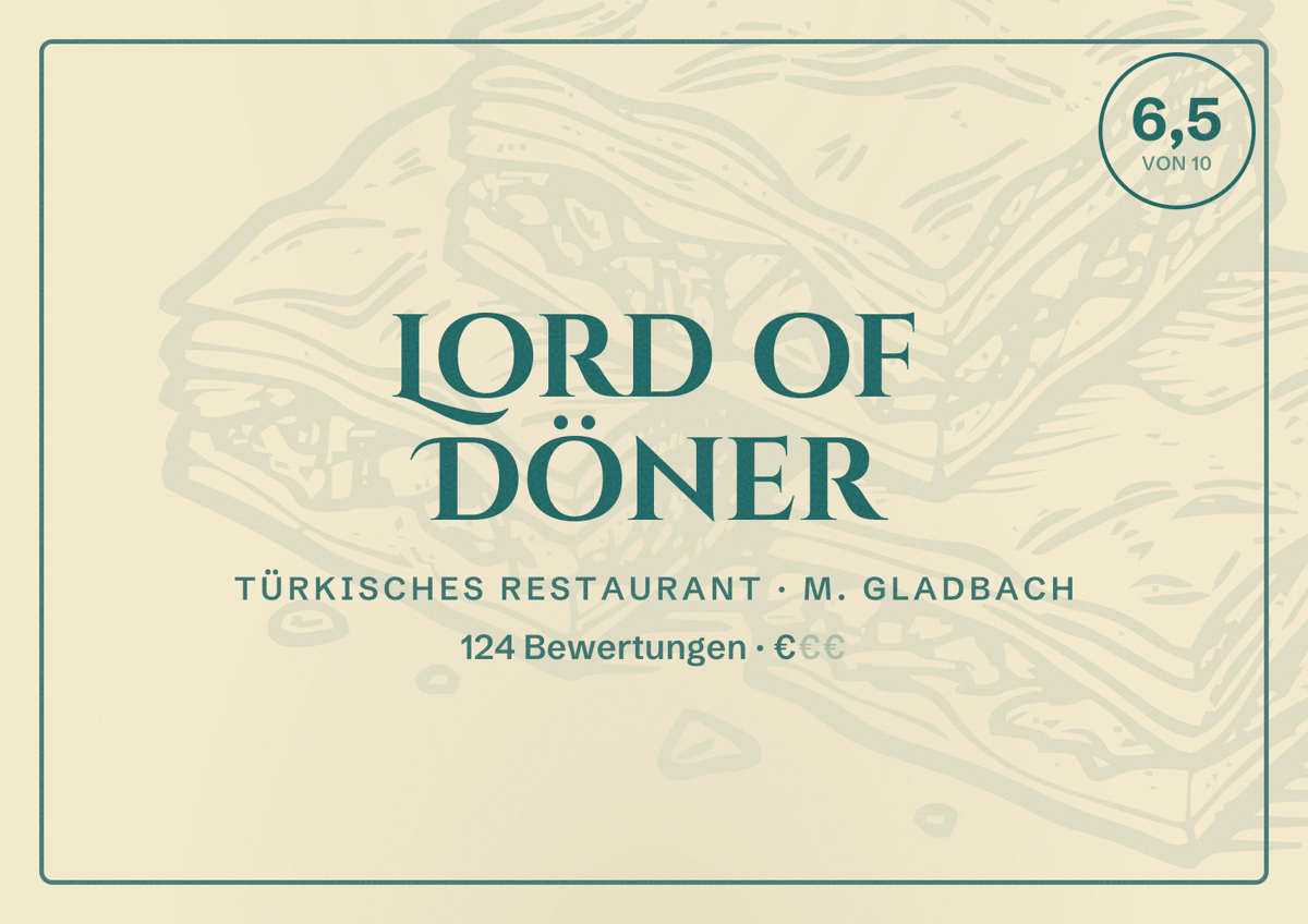 Illustriertes Poster von Lord of Döner, Türkisches Restaurant in M. Gladbach: Bewertung 6,5 von 10 aus 124 Bewertungen, Preisniveau €