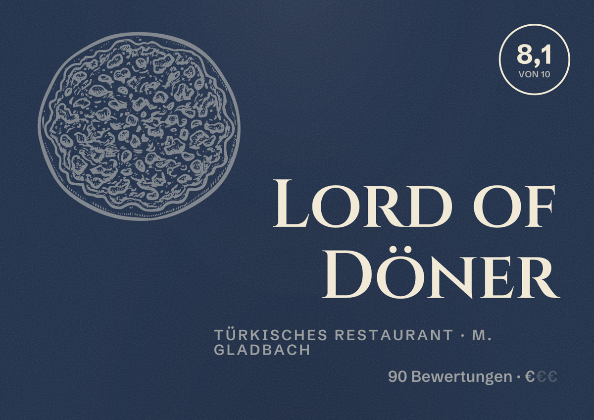 Illustriertes Poster von Lord of Döner, Türkisches Restaurant in M. Gladbach: Bewertung 8,1 von 10 aus 90 Bewertungen, Preisniveau €