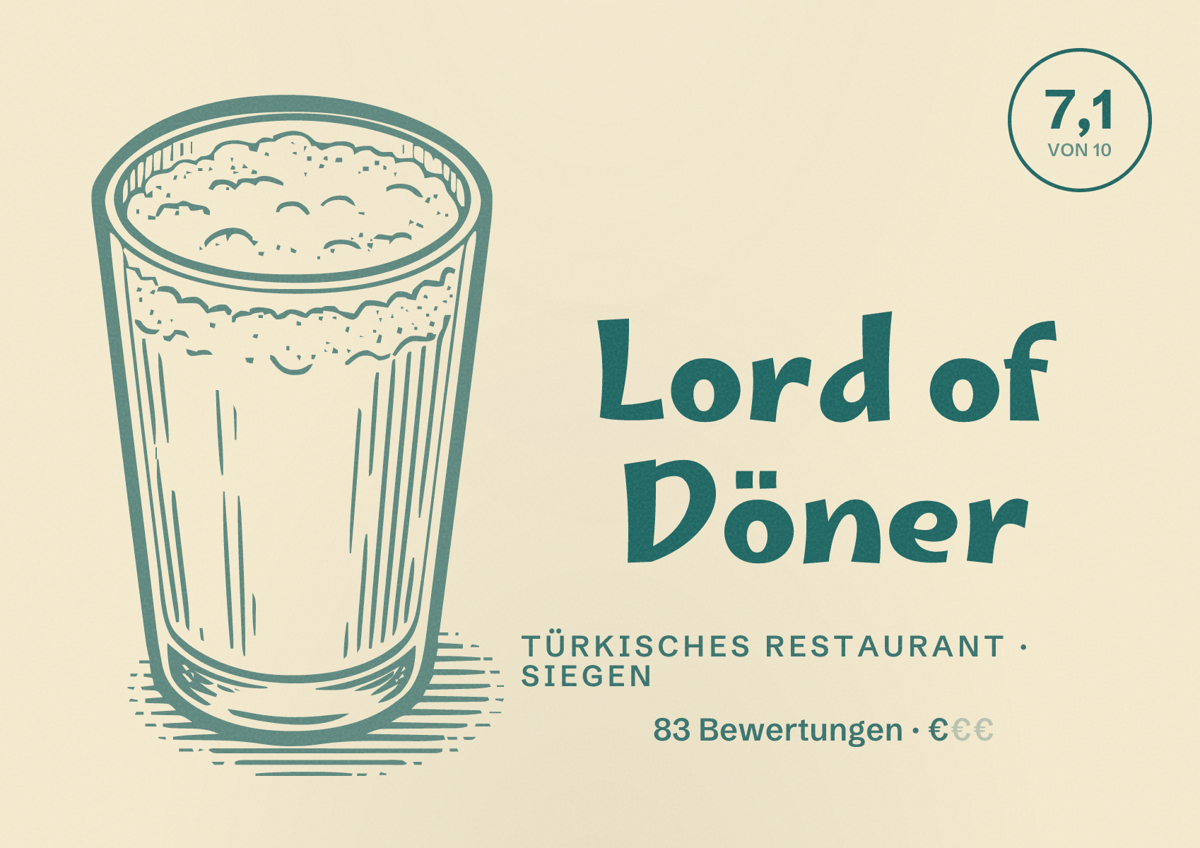 Illustriertes Poster von Lord of Döner, Türkisches Restaurant in Siegen: Bewertung 7,1 von 10 aus 83 Bewertungen, Preisniveau €