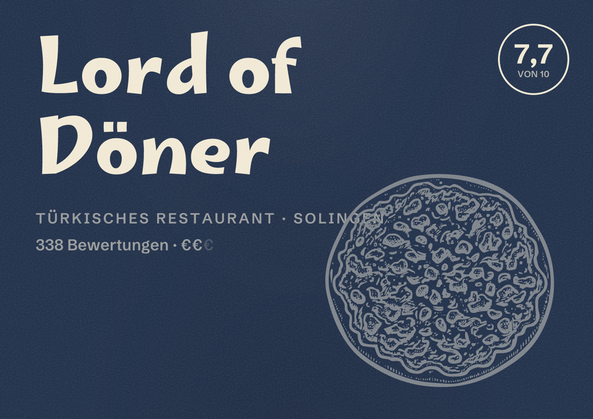 Illustriertes Poster von Lord of Döner, Türkisches Restaurant in Solingen: Bewertung 7,7 von 10 aus 338 Bewertungen, Preisniveau €€