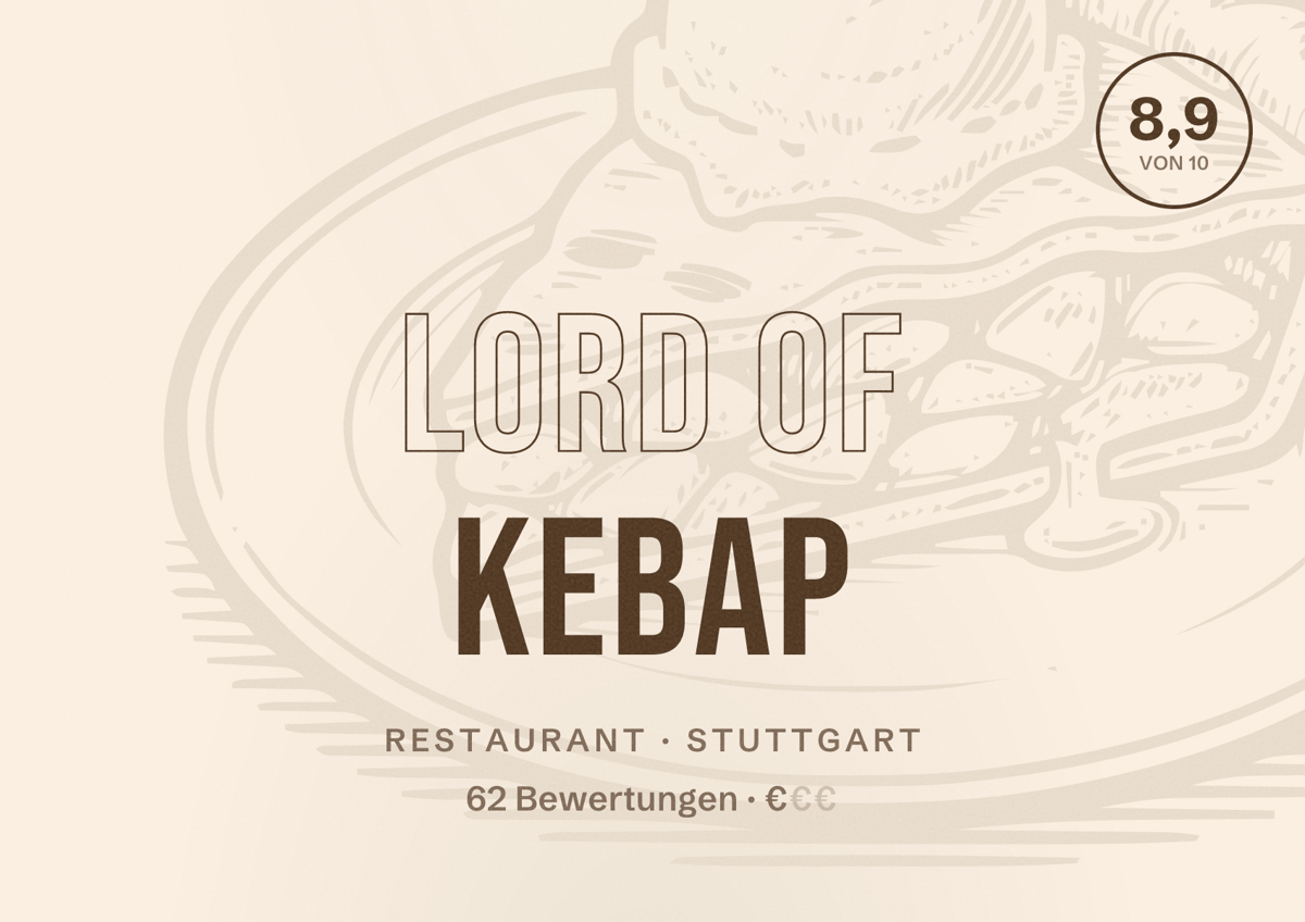 Illustriertes Poster von Lord of Kebap, Restaurant in Stuttgart: Bewertung 8,9 von 10 aus 62 Bewertungen, Preisniveau €