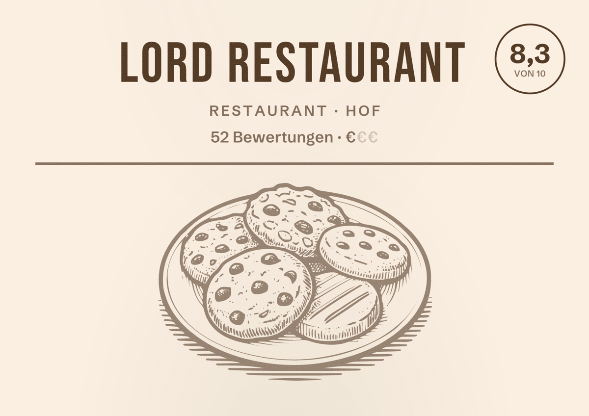 Illustriertes Poster von LORD RESTAURANT, Restaurant in Hof: Bewertung 8,3 von 10 aus 52 Bewertungen, Preisniveau €