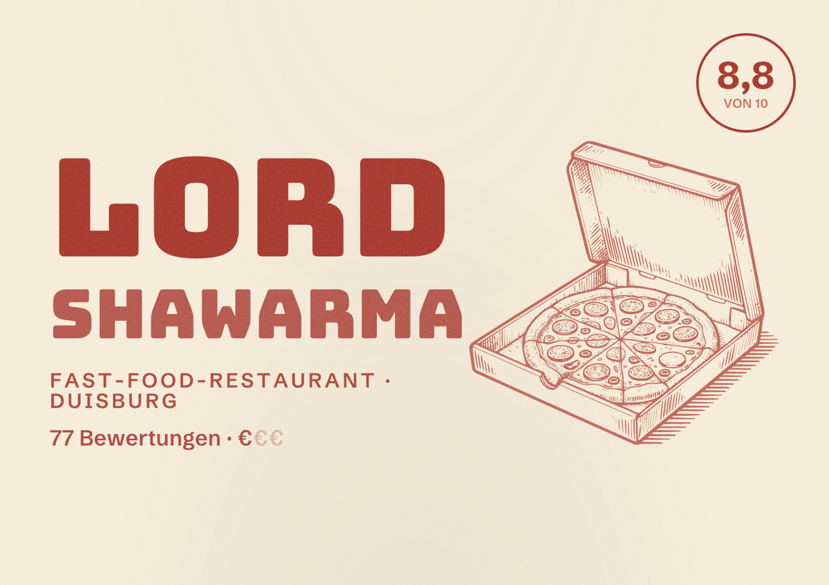 Illustriertes Poster von Lord Shawarma, Fast-Food-Restaurant in Duisburg: Gästebewertung 8,8 von 10 aus 77 Bewertungen