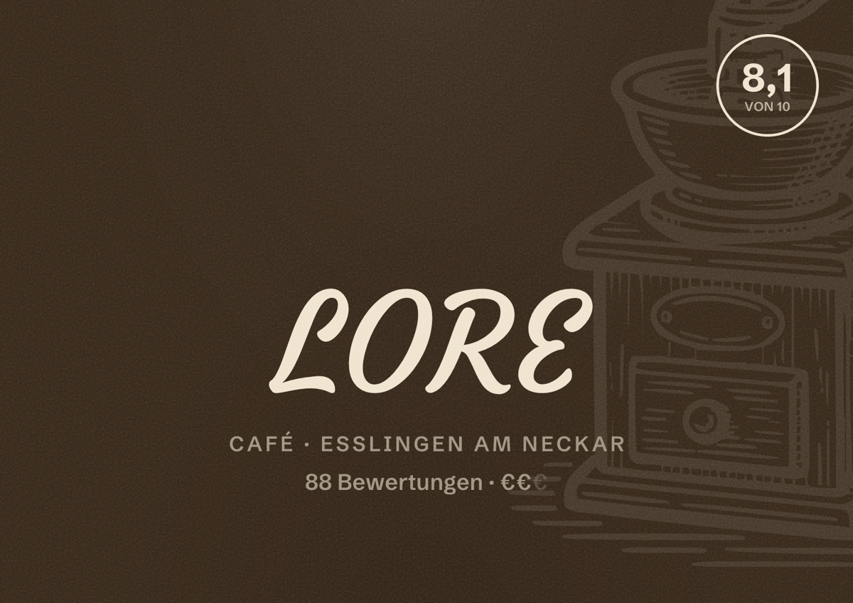 Illustriertes Poster von LORE, Café in Esslingen am Neckar: Bewertung 8,1 von 10 aus 88 Bewertungen, Preisniveau €€