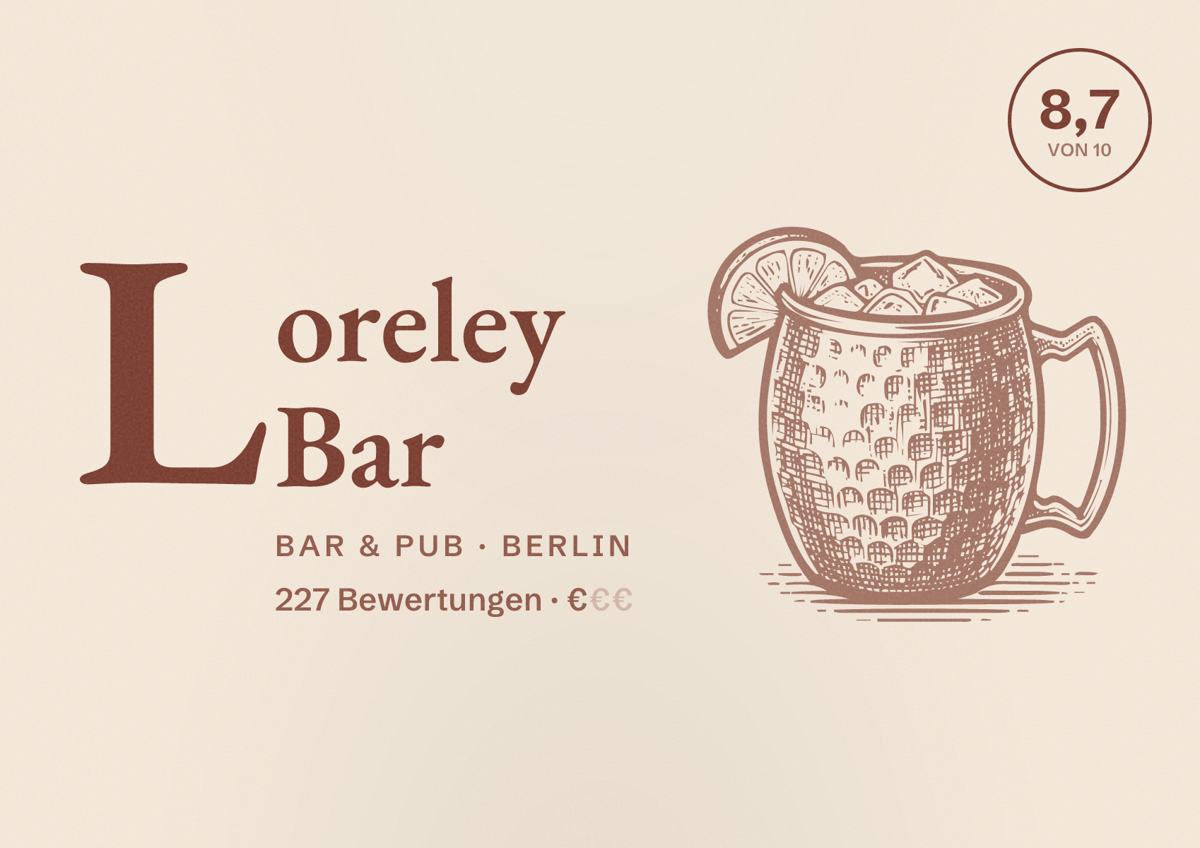 Illustriertes Poster von Loreley Bar, Bar & Pub in Berlin: Bewertung 8,7 von 10 aus 227 Bewertungen, Preisniveau €