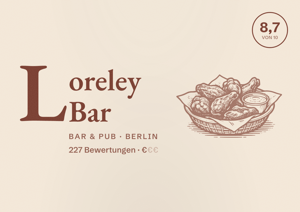 Illustriertes Poster von Loreley Bar, Bar & Pub in Berlin: Bewertung 8,7 von 10 aus 227 Bewertungen, Preisniveau €