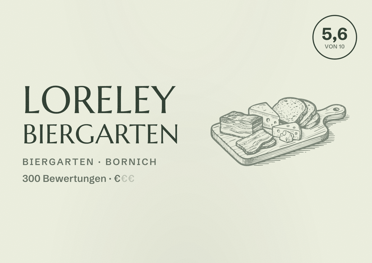 Illustriertes Poster von Loreley Biergarten, Biergarten in Bornich: Bewertung 5,6 von 10 aus 300 Bewertungen, Preisniveau €