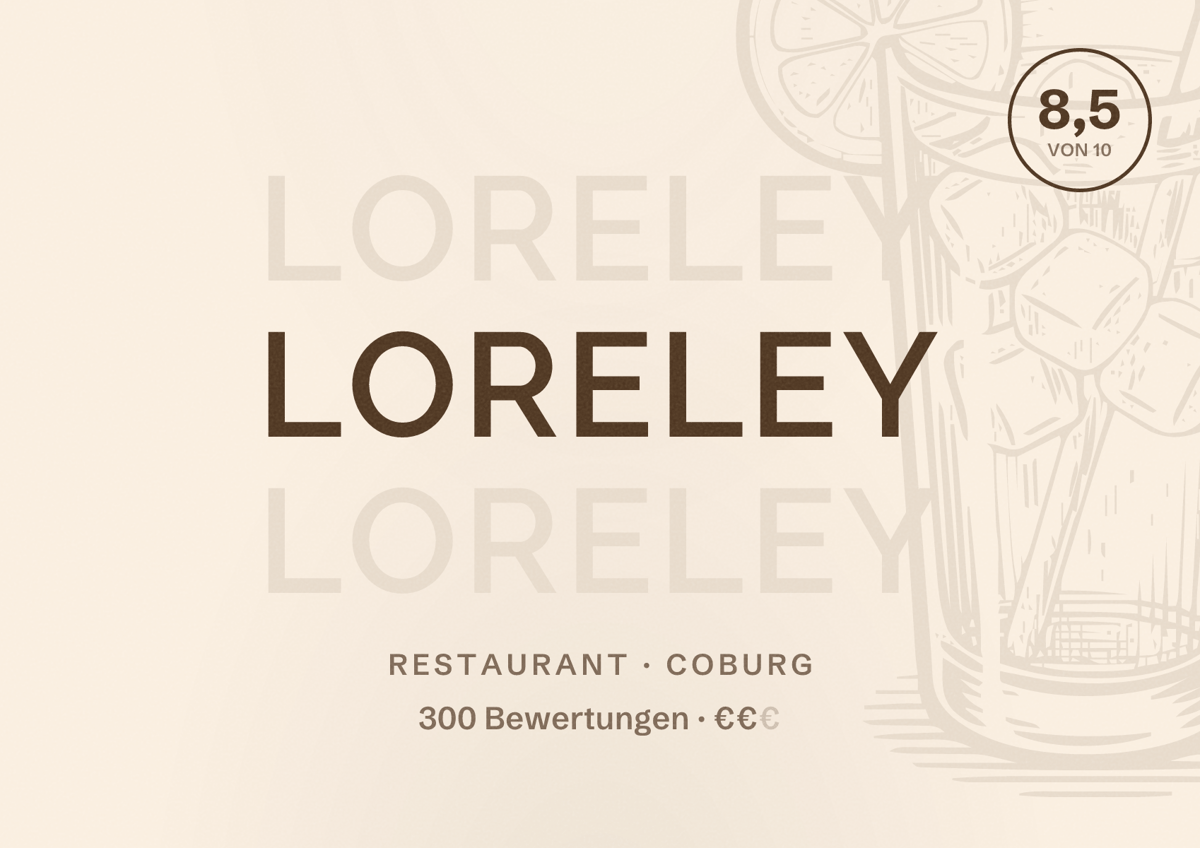 Illustriertes Poster von Loreley, Restaurant in Coburg: Bewertung 8,5 von 10 aus 300 Bewertungen, Preisniveau €€