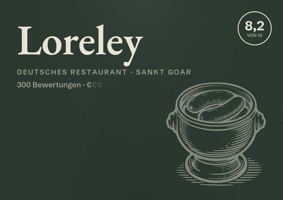 Illustriertes Poster von Loreley, Deutsches Restaurant in Sankt Goar: Bewertung 8,2 von 10 aus 300 Bewertungen, Preisniveau €