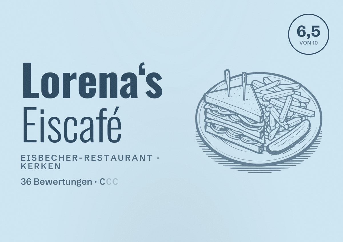 Illustriertes Poster von Lorena‘s Eiscafé, Eisbecher-Restaurant in Kerken: Bewertung 6,5 von 10 aus 36 Bewertungen, Preisniveau €