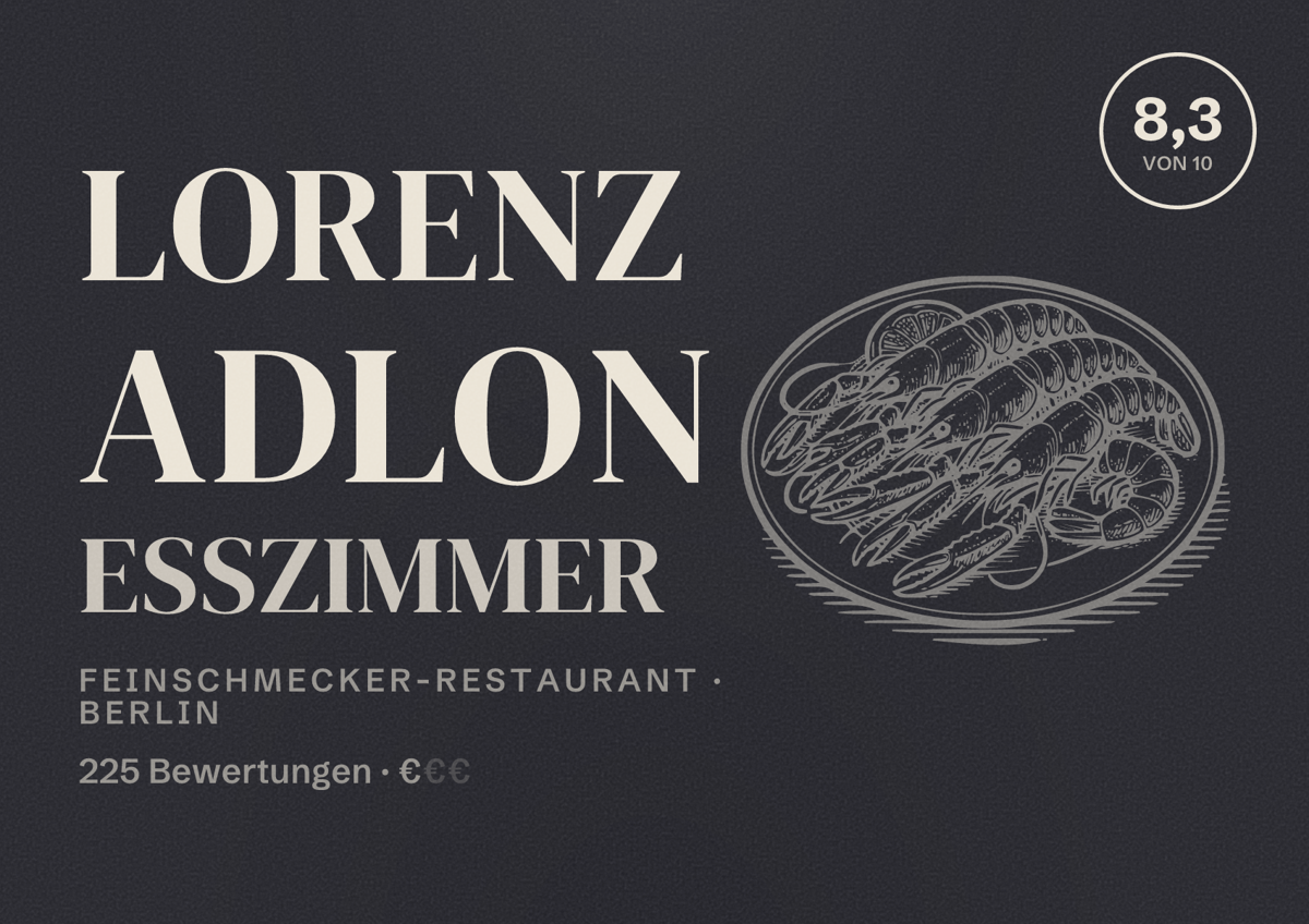 Illustriertes Poster von Lorenz Adlon Esszimmer, Feinschmecker-Restaurant in Berlin: Bewertung 8,3 von 10 aus 225 Bewertungen, Preisniveau €