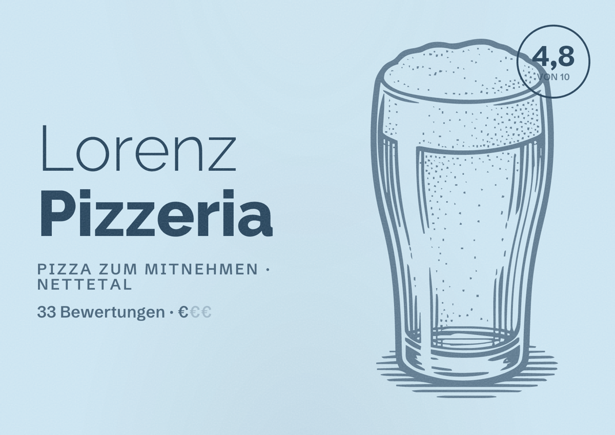 Illustriertes Poster von Lorenz Pizzeria, Pizza zum Mitnehmen in Nettetal: Bewertung 4,8 von 10 aus 33 Bewertungen, Preisniveau €