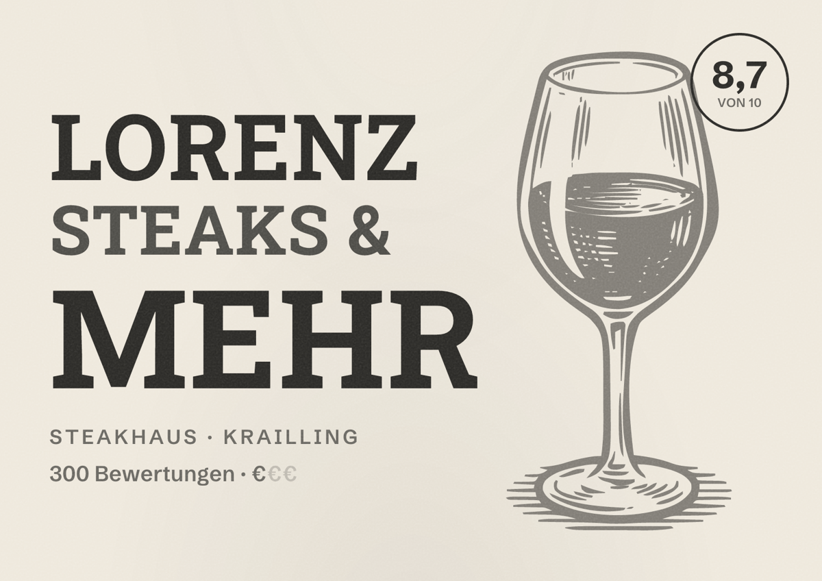 Illustriertes Poster von Lorenz Steaks & Mehr, Steakhaus in Krailling: Bewertung 8,7 von 10 aus 300 Bewertungen, Preisniveau €