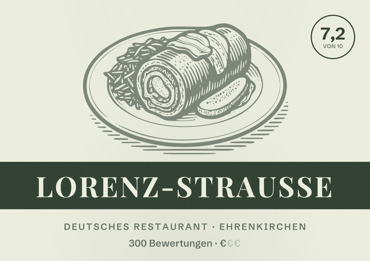 Illustriertes Poster von Lorenz-Strauße, Deutsches Restaurant in Ehrenkirchen: Bewertung 7,2 von 10 aus 300 Bewertungen, Preisniveau €