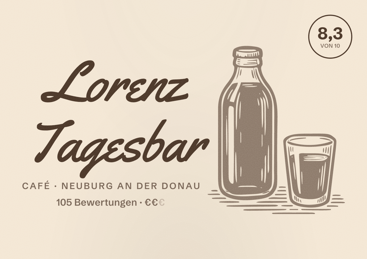 Illustriertes Poster von Lorenz Tagesbar, Café in Neuburg an der Donau: Bewertung 8,3 von 10 aus 105 Bewertungen, Preisniveau €€