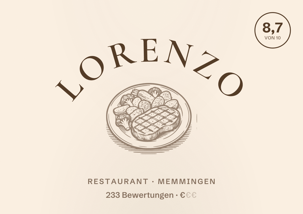 Illustriertes Poster von Lorenzo, Restaurant in Memmingen: Bewertung 8,7 von 10 aus 233 Bewertungen, Preisniveau €