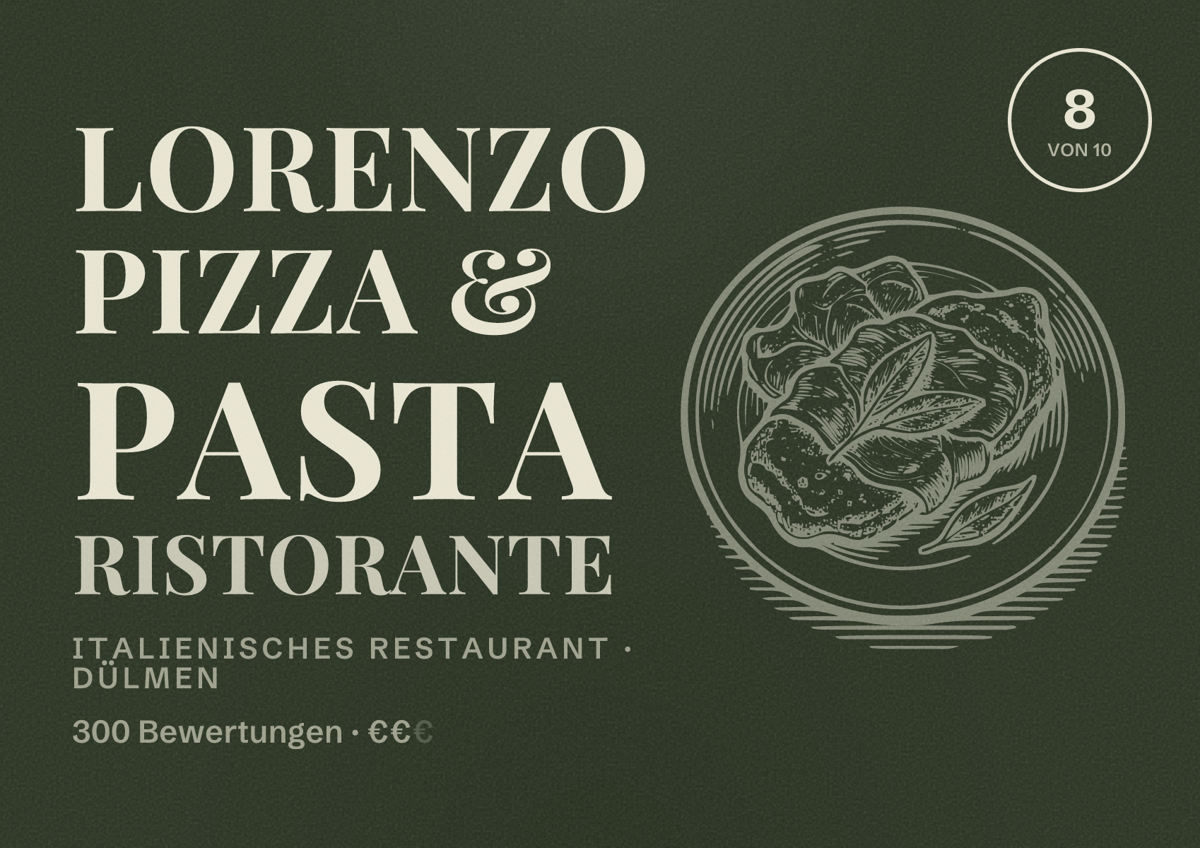 Illustriertes Poster von Lorenzo Pizza & Pasta Ristorante, Italienisches Restaurant in Dülmen: Bewertung 8 von 10 aus 300 Bewertungen, Preisniveau €€