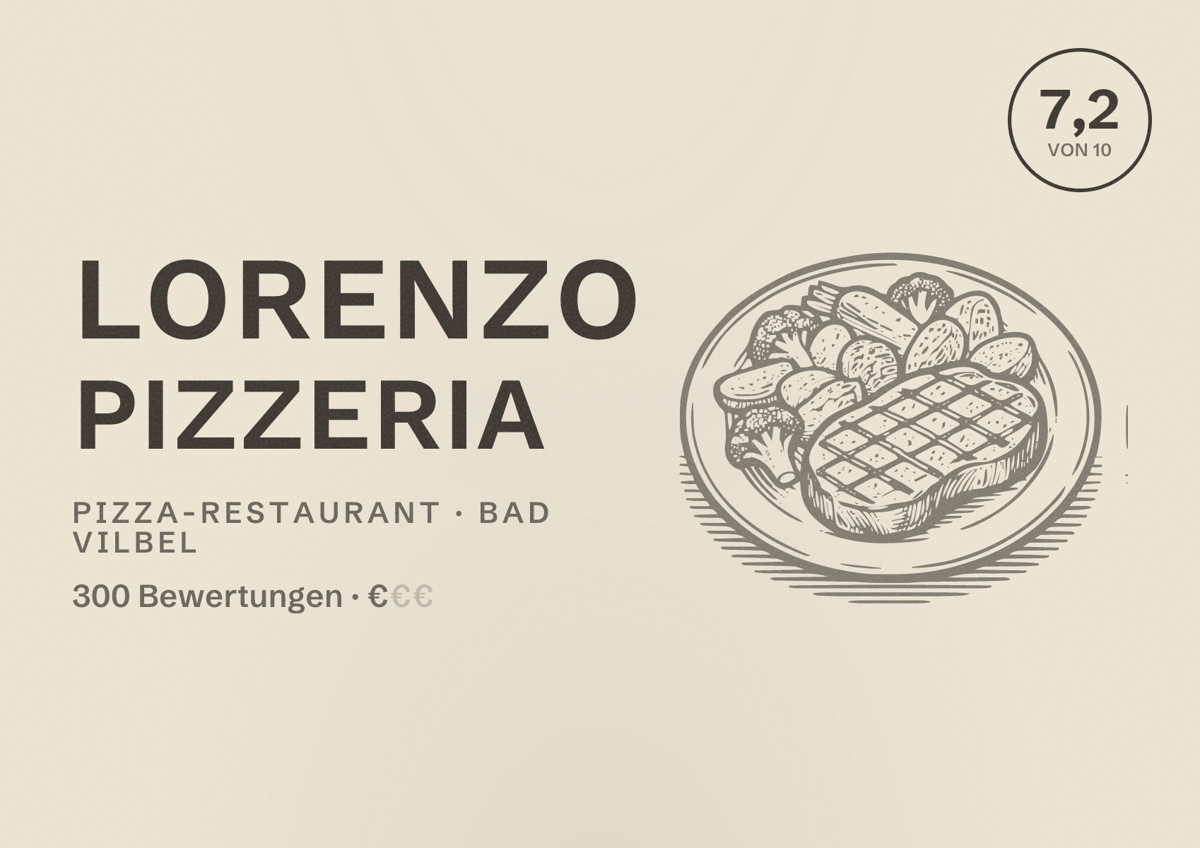 Illustriertes Poster von Lorenzo Pizzeria, Pizza-Restaurant in Bad Vilbel: Bewertung 7,2 von 10 aus 300 Bewertungen, Preisniveau €