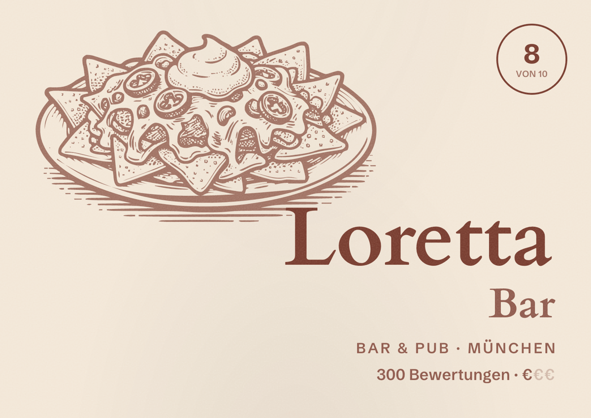 Illustriertes Poster von Loretta Bar, Bar & Pub in München: Bewertung 8,0 von 10 aus 300 Bewertungen, Preisniveau €