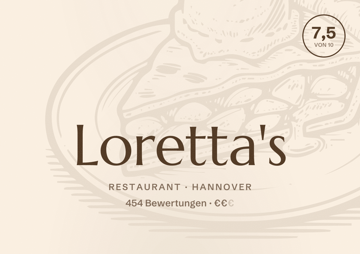 Illustriertes Poster von Loretta's, Restaurant in Hannover: Bewertung 7,5 von 10 aus 454 Bewertungen, Preisniveau €€