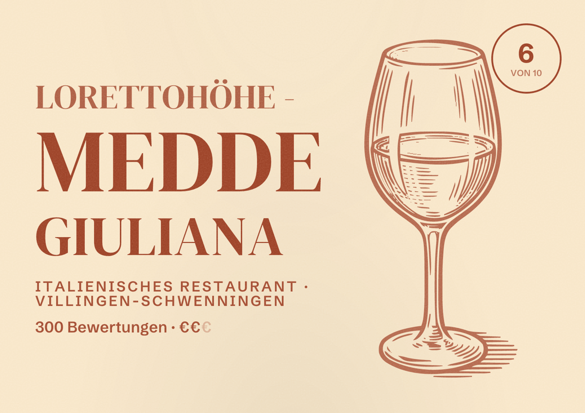 Illustriertes Poster von Lorettohöhe - Medde Giuliana, Italienisches Restaurant in Villingen-Schwenningen: Bewertung 6 von 10 aus 300 Bewertungen, Preisniveau €€