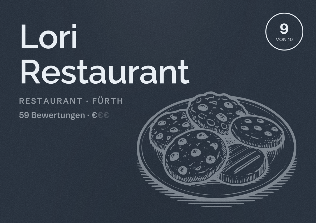Illustriertes Poster von Lori Restaurant, Restaurant in Fürth: Bewertung 9 von 10 aus 59 Bewertungen, Preisniveau €