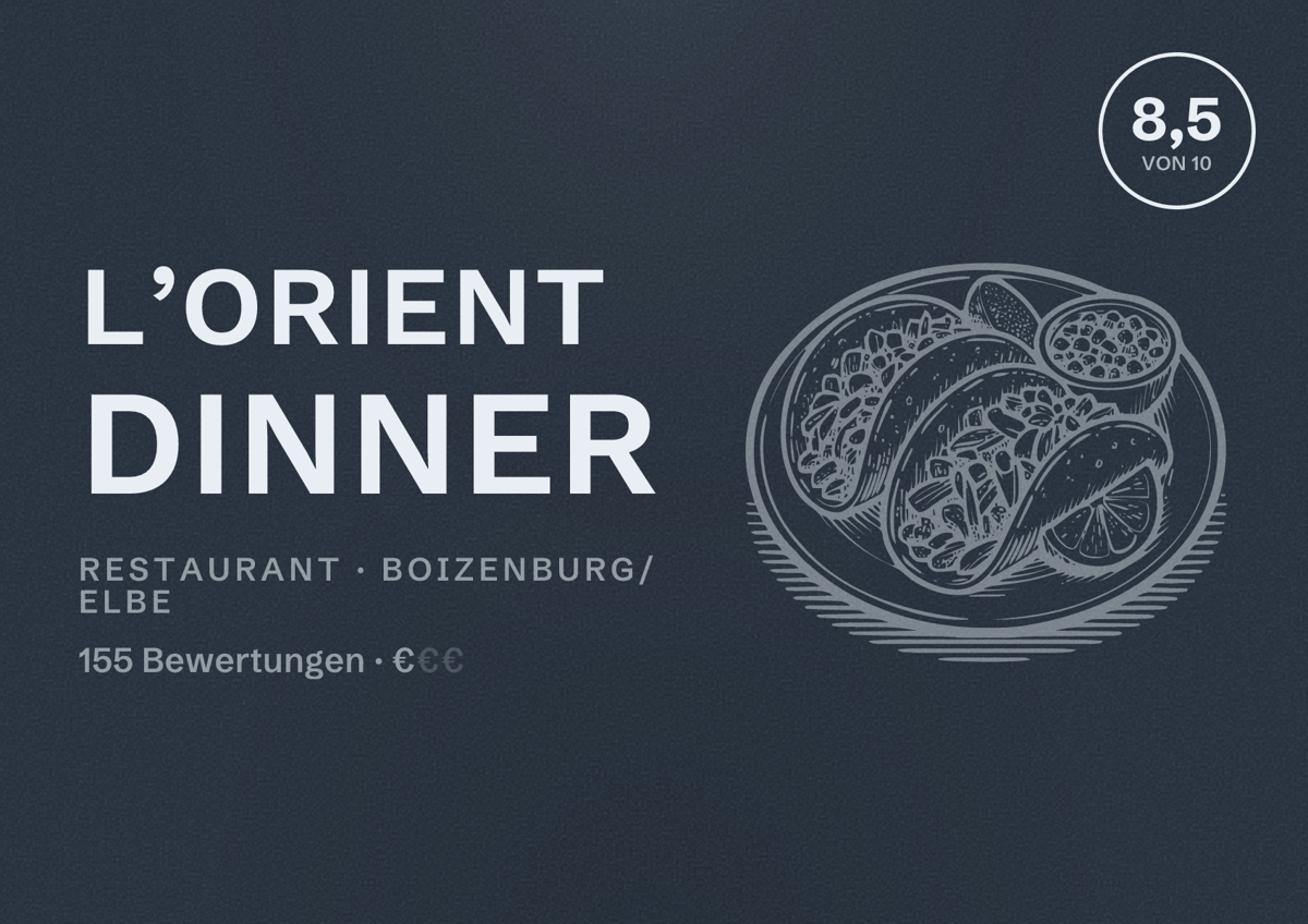 Illustriertes Poster von L’Orient Dinner, Restaurant in Boizenburg/Elbe: Bewertung 8,5 von 10 aus 155 Bewertungen, Preisniveau €