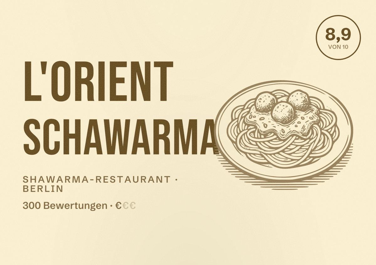 Illustriertes Poster von L'Orient Schawarma, Shawarma-Restaurant in Berlin: Bewertung 8,9 von 10 aus 300 Bewertungen, Preisniveau €