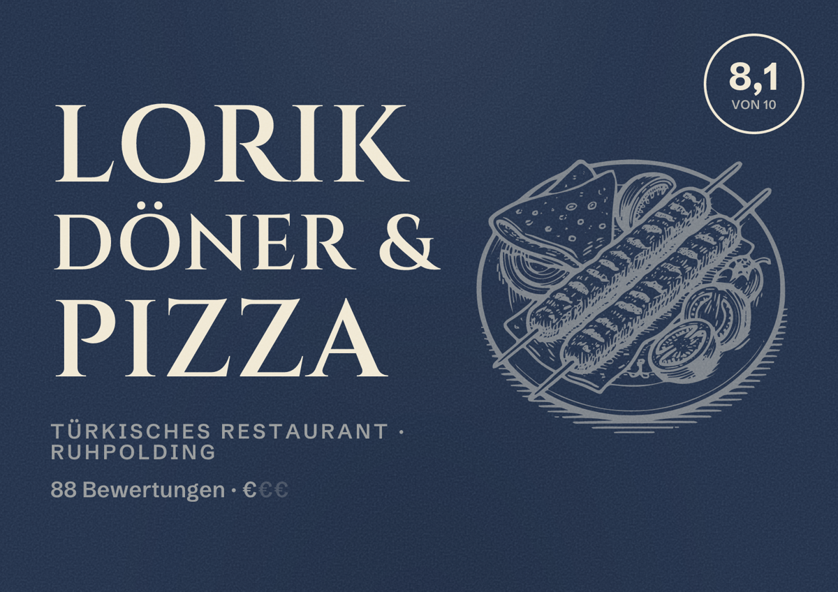 Illustriertes Poster von Lorik Döner & Pizza, Türkisches Restaurant in Ruhpolding: Bewertung 8,1 von 10 aus 88 Bewertungen, Preisniveau €