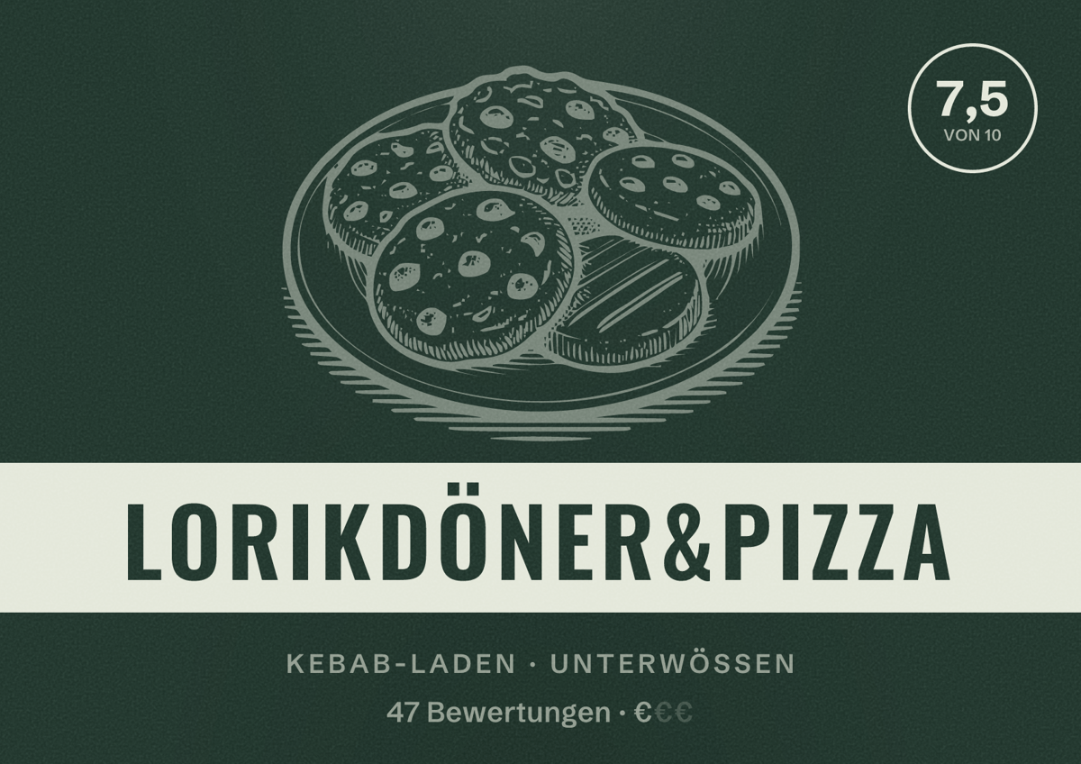 Illustriertes Poster von LorikDöner&pizza, Kebab-Laden in Unterwössen: Bewertung 7,5 von 10 aus 47 Bewertungen, Preisniveau €