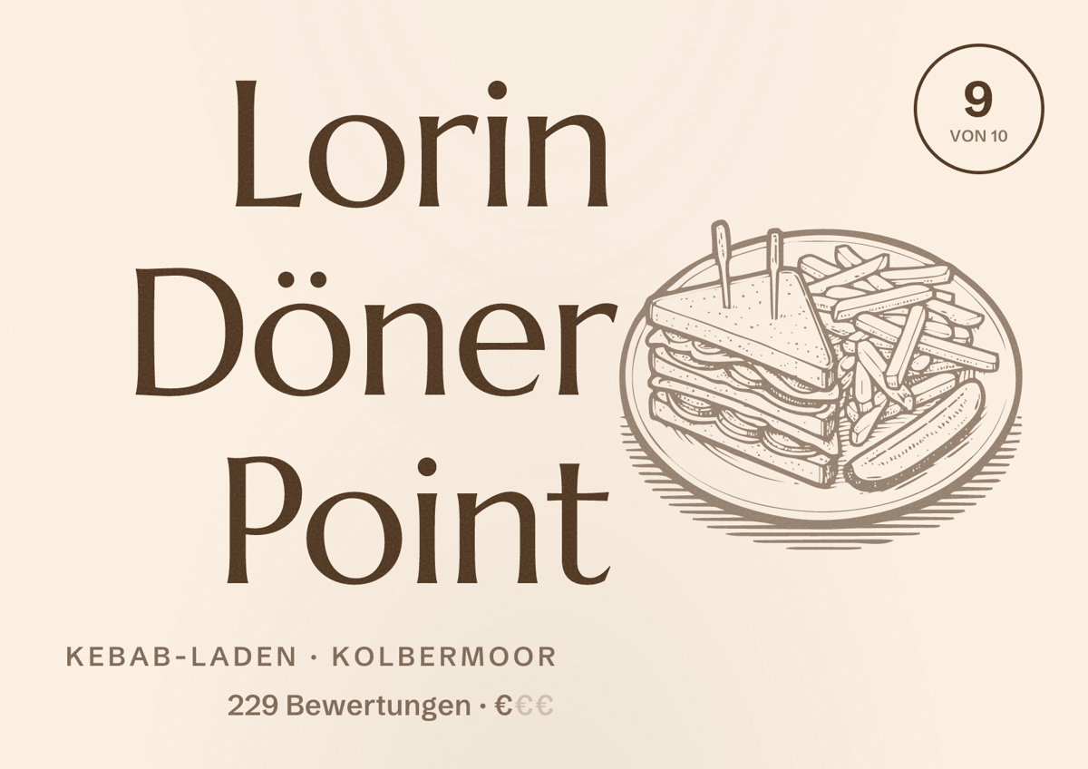 Illustriertes Poster von Lorin Döner Point, Kebab-Laden in Kolbermoor: Bewertung 9 von 10 aus 229 Bewertungen, Preisniveau €