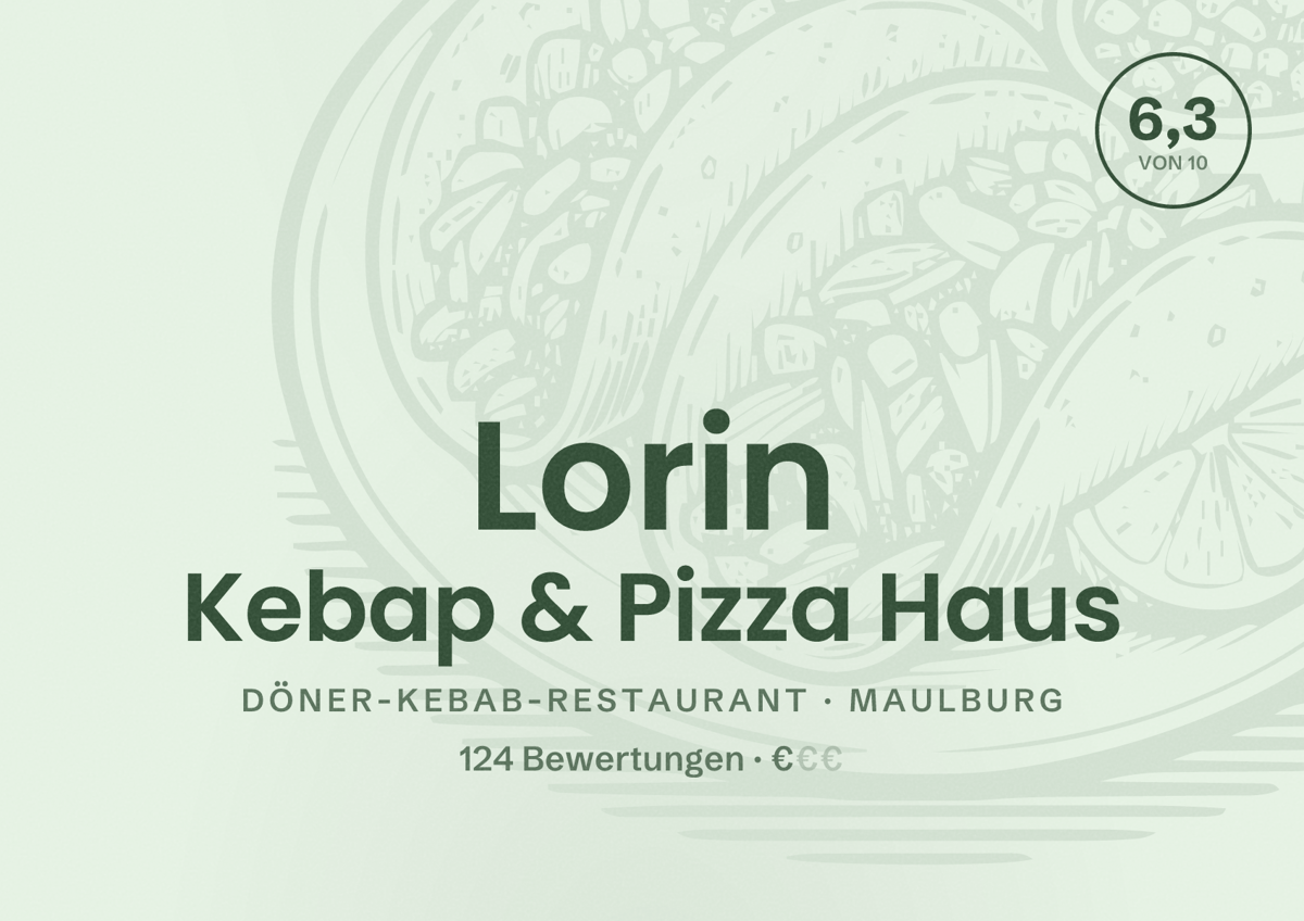 Illustriertes Poster von Lorin Kebap & Pizza Haus, Döner-Kebab-Restaurant in Maulburg: Bewertung 6,3 von 10 aus 124 Bewertungen, Preisniveau €