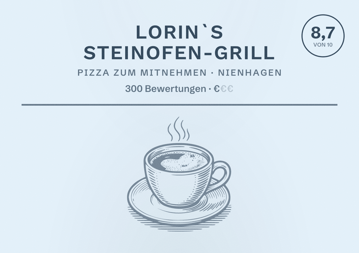 Illustriertes Poster von Lorin`s Steinofen-Grill, Pizza zum Mitnehmen in Nienhagen: Bewertung 8,7 von 10 aus 300 Bewertungen, Preisniveau €