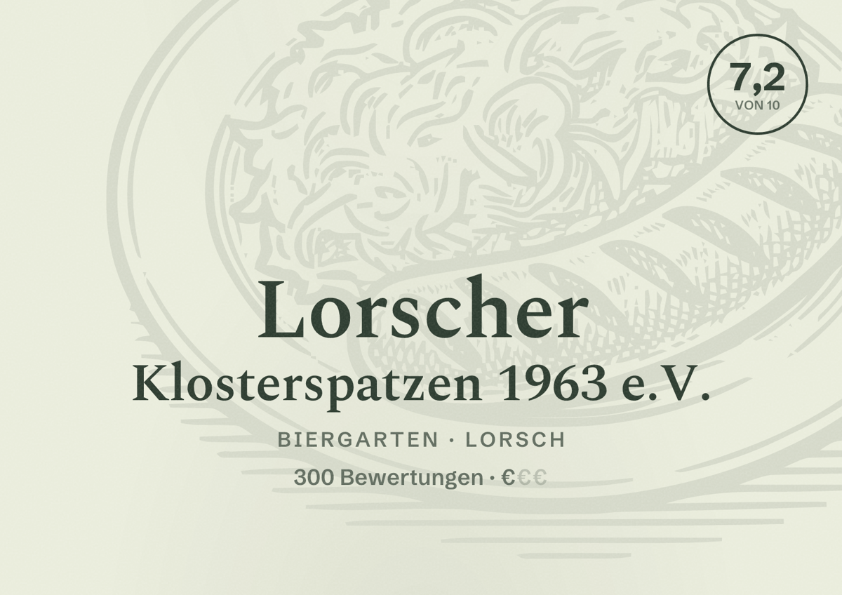 Illustriertes Poster von Lorscher Klosterspatzen 1963 e.V., Biergarten in Lorsch: Bewertung 7,2 von 10 aus 300 Bewertungen, Preisniveau €