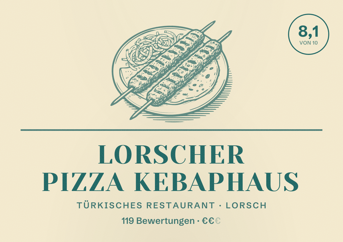 Illustriertes Poster von Lorscher Pizza kebaphaus, Türkisches Restaurant in Lorsch: Bewertung 8,1 von 10 aus 119 Bewertungen, Preisniveau €€