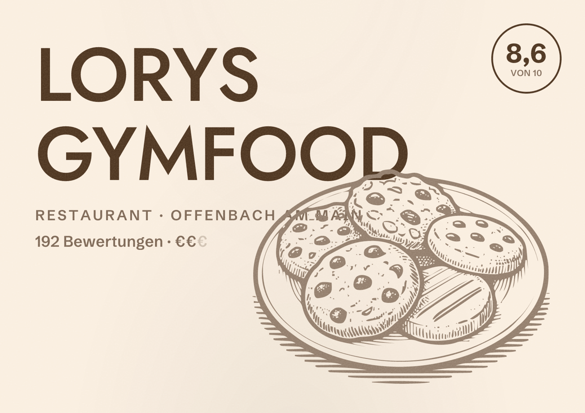 Illustriertes Poster von LORYS GYMFOOD, Restaurant in Offenbach am Main: Bewertung 8,6 von 10 aus 192 Bewertungen, Preisniveau €€